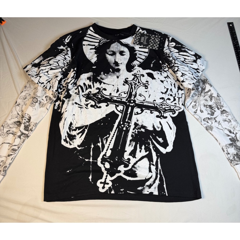 Rebel Vengeance Mens Religious Cross Cherub Layered Long Sleeve Graphic Tee L